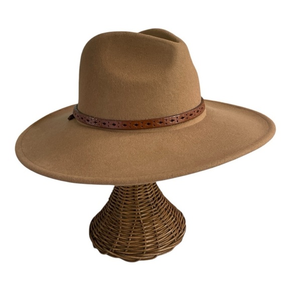 Wool Tan Fedora, Western, Fall, Winter Hat with Brown leather belt band. - Picture 6 of 13